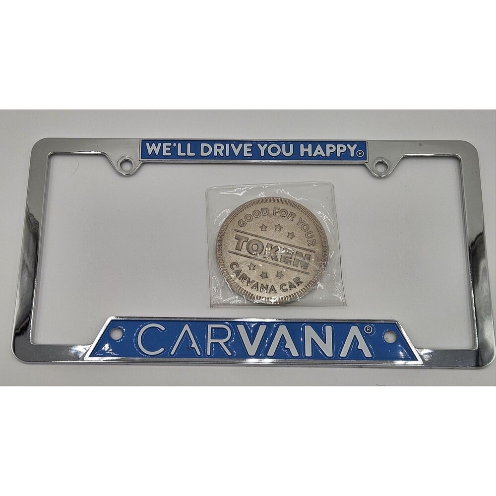 Carvana Chrome License Plate Frame and Unused Car Vending Machine Coin Token